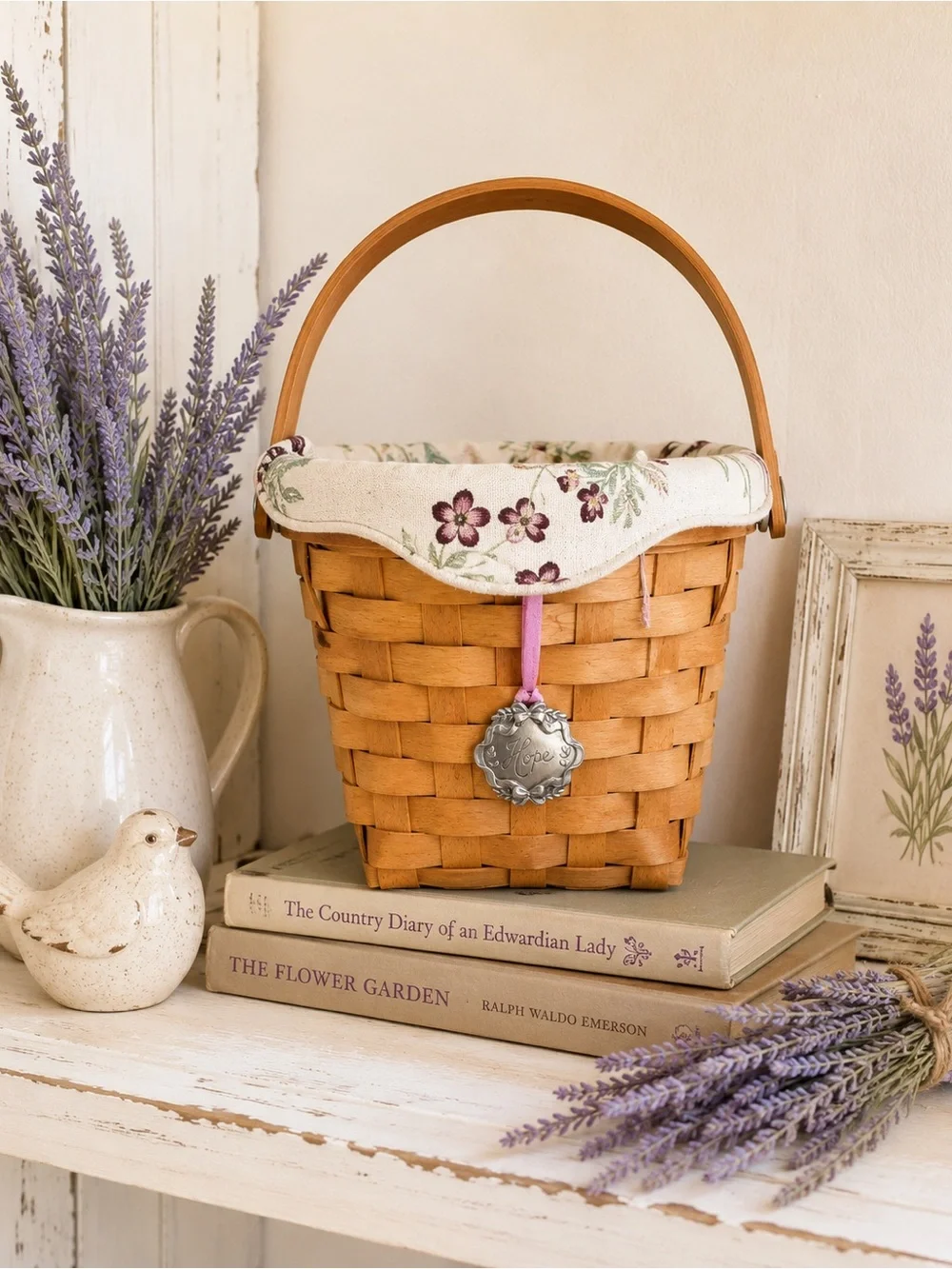 Longaberger Hope Basket Wood Lid Protector Floral Liner Farmhouse Cottage Decor